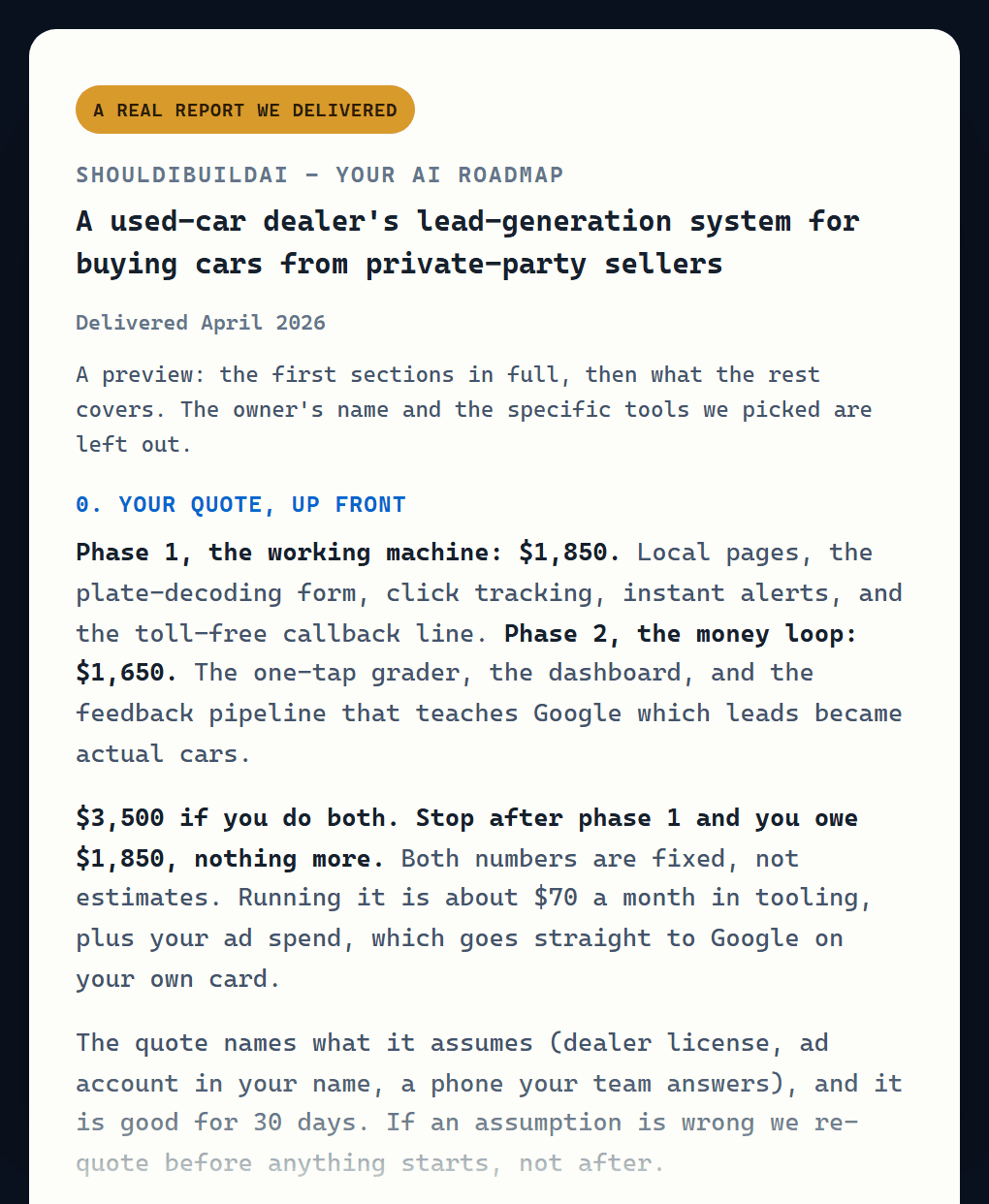 A real AI roadmap report shouldibuildai delivered for a used-car dealer